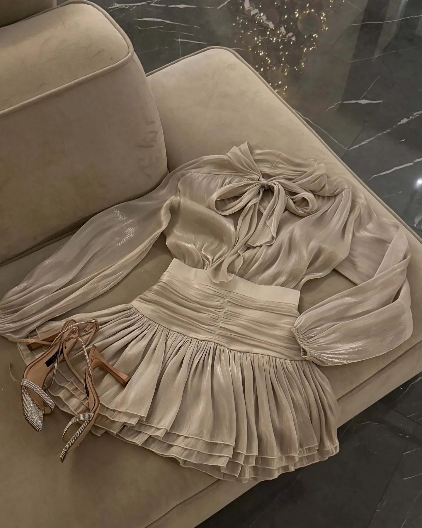 Elegant Sheer Bow-Tie Blouse and Pleated Skirt Two-Piece Set