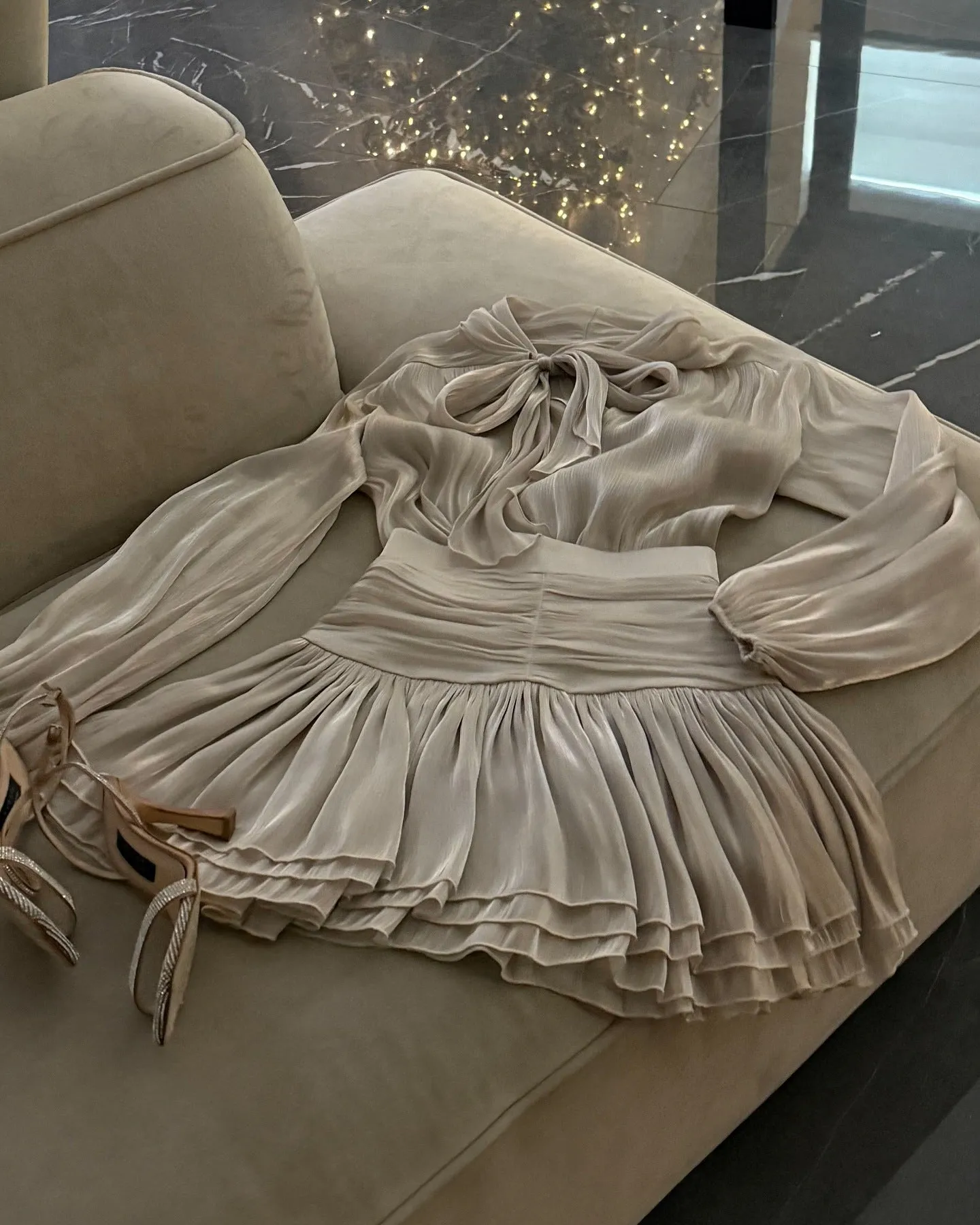 Elegant Sheer Bow-Tie Blouse and Pleated Skirt Two-Piece Set
