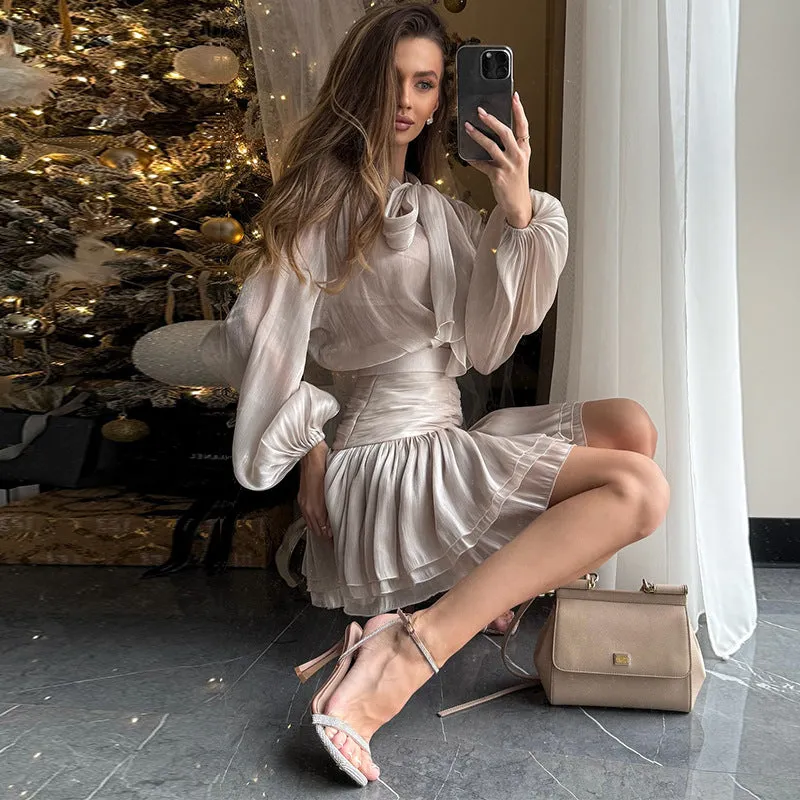 Elegant Sheer Bow-Tie Blouse and Pleated Skirt Two-Piece Set