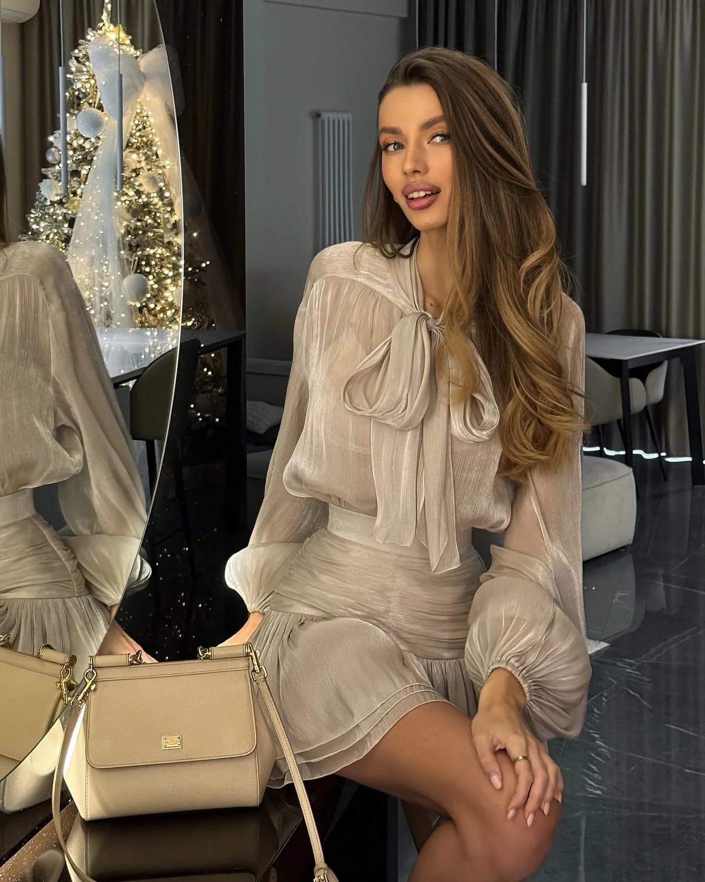 Elegant Sheer Bow-Tie Blouse and Pleated Skirt Two-Piece Set