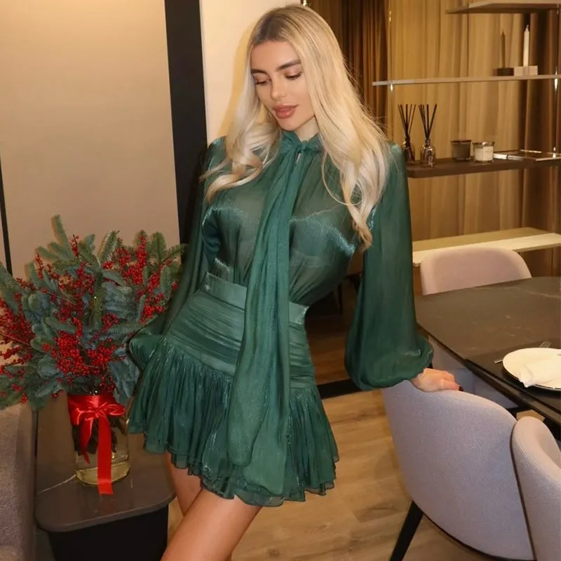 Elegant Sheer Bow-Tie Blouse and Pleated Skirt Two-Piece Set