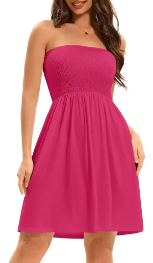 elescat Summer Dresses for Women Strapless Casual Beach Cover Ups Tube Top Sundress（Rose 3XL