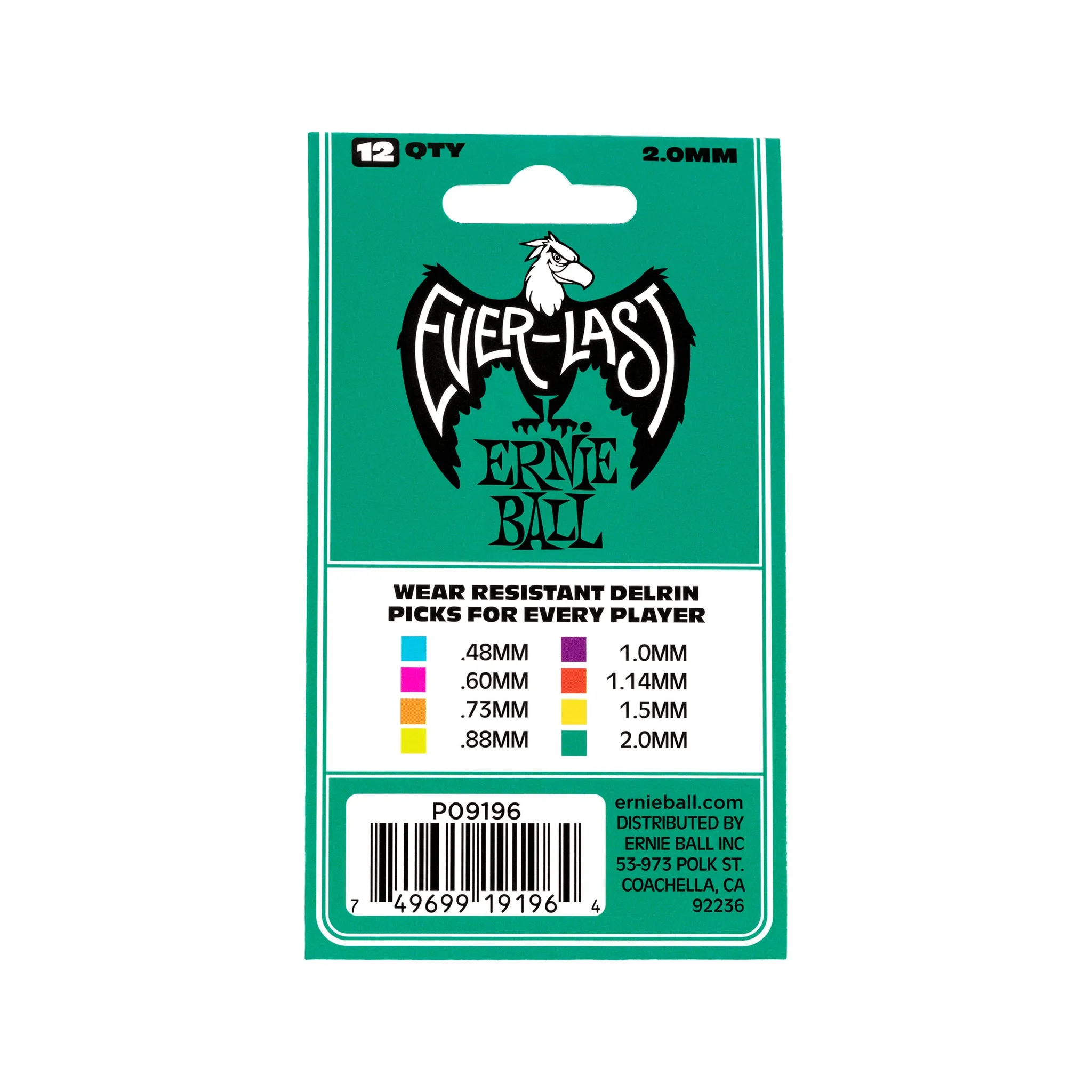 Ernie Ball Everlast Delrin 2.0mm Guitar Picks, Teal, 12-pack