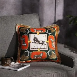 European Horse Luxury Fringed Velvet Double-sided Print Throw Pillow Cover