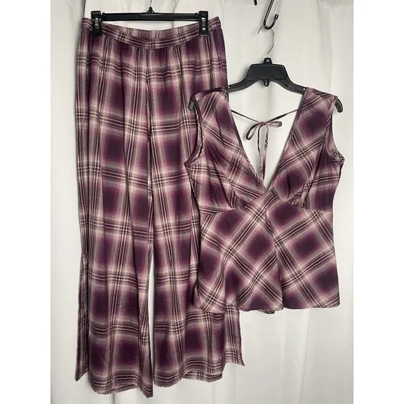 Everyday Ritual Isla/Emily Sleep Set In Plum Plaid Sz M New