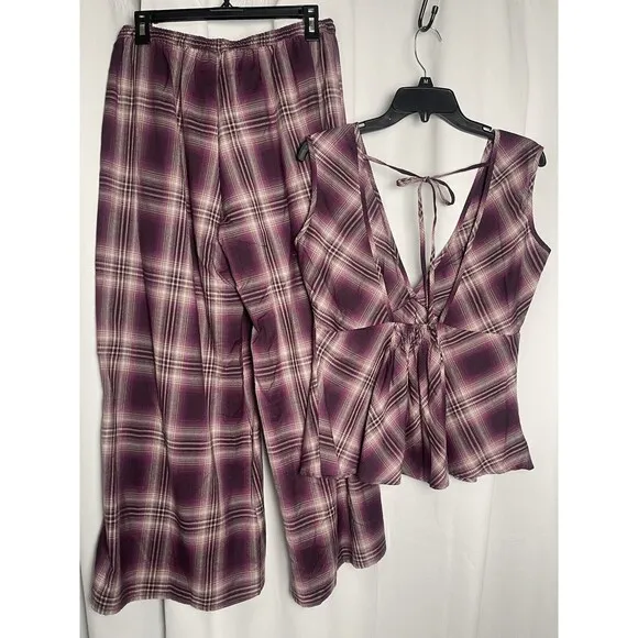 Everyday Ritual Isla/Emily Sleep Set In Plum Plaid Sz M New