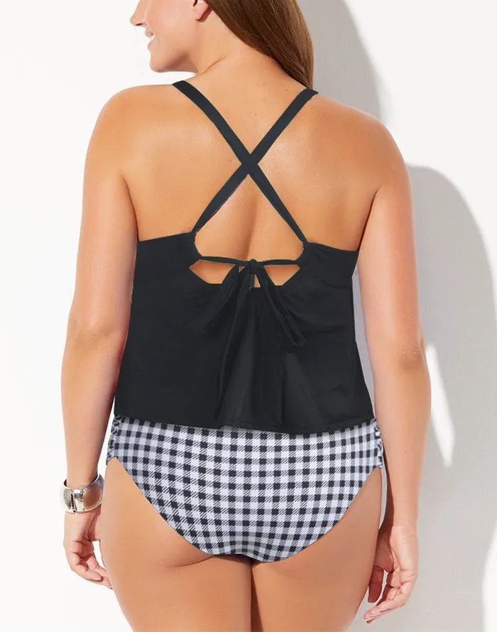 FULLFITALL - Black&White Plaid Scarf X-Back Tankini Set