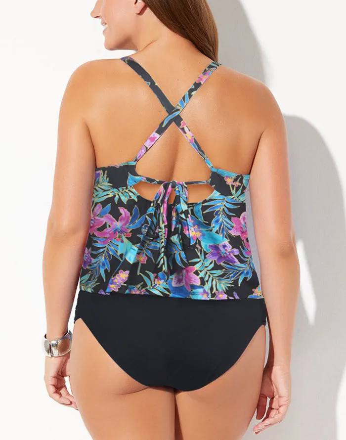 FULLFITALL - Black&White Plaid Scarf X-Back Tankini Set