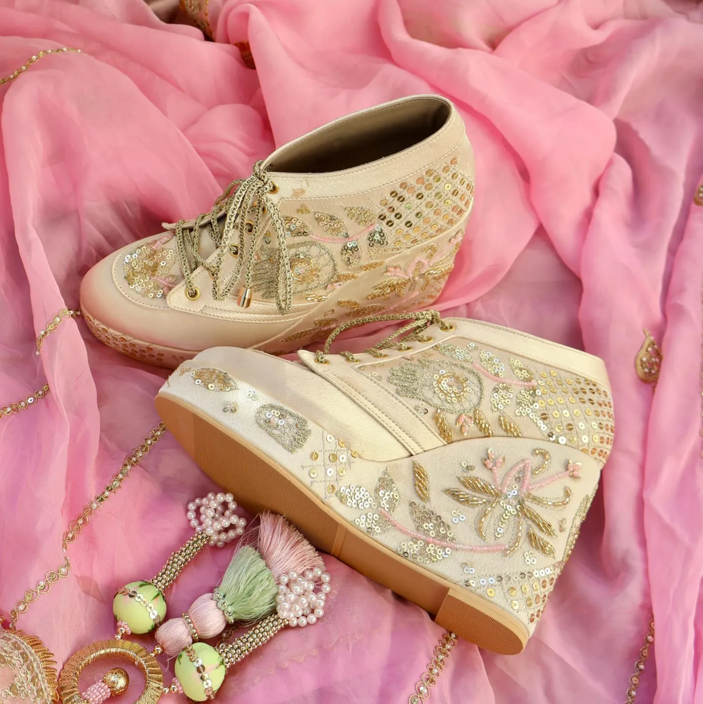 Gold Customizable Embroidered Sneaker Wedges | Tiesta Shoes