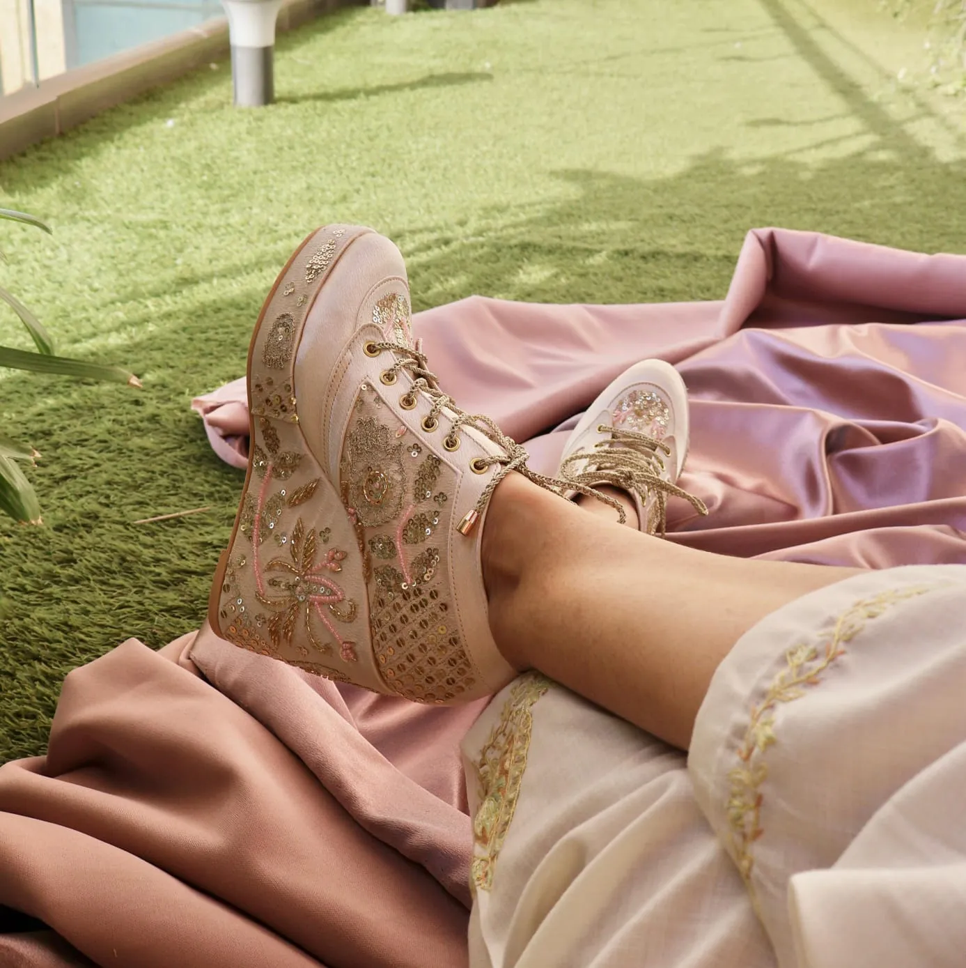 Gold Customizable Embroidered Sneaker Wedges | Tiesta Shoes