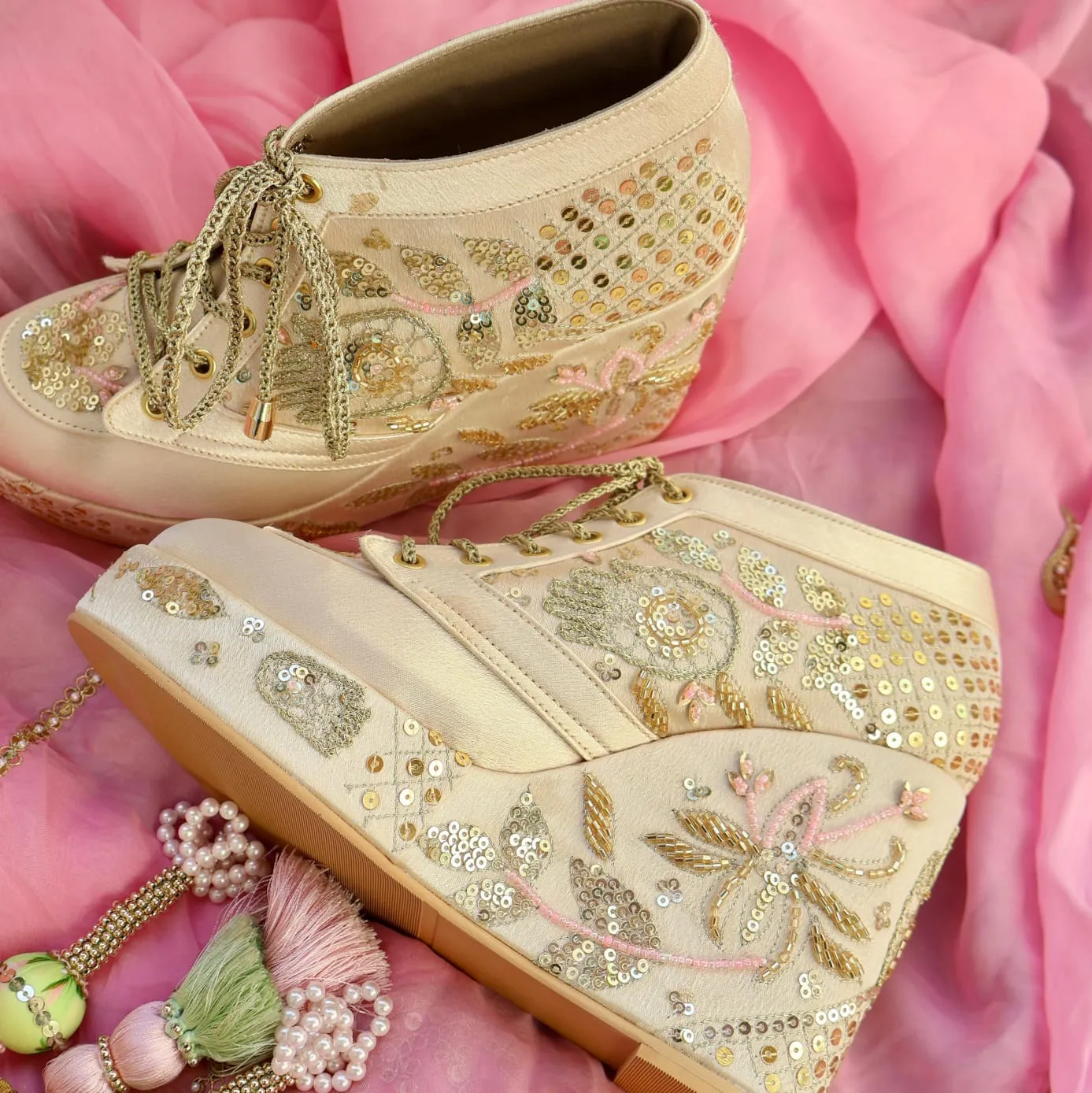 Gold Customizable Embroidered Sneaker Wedges | Tiesta Shoes