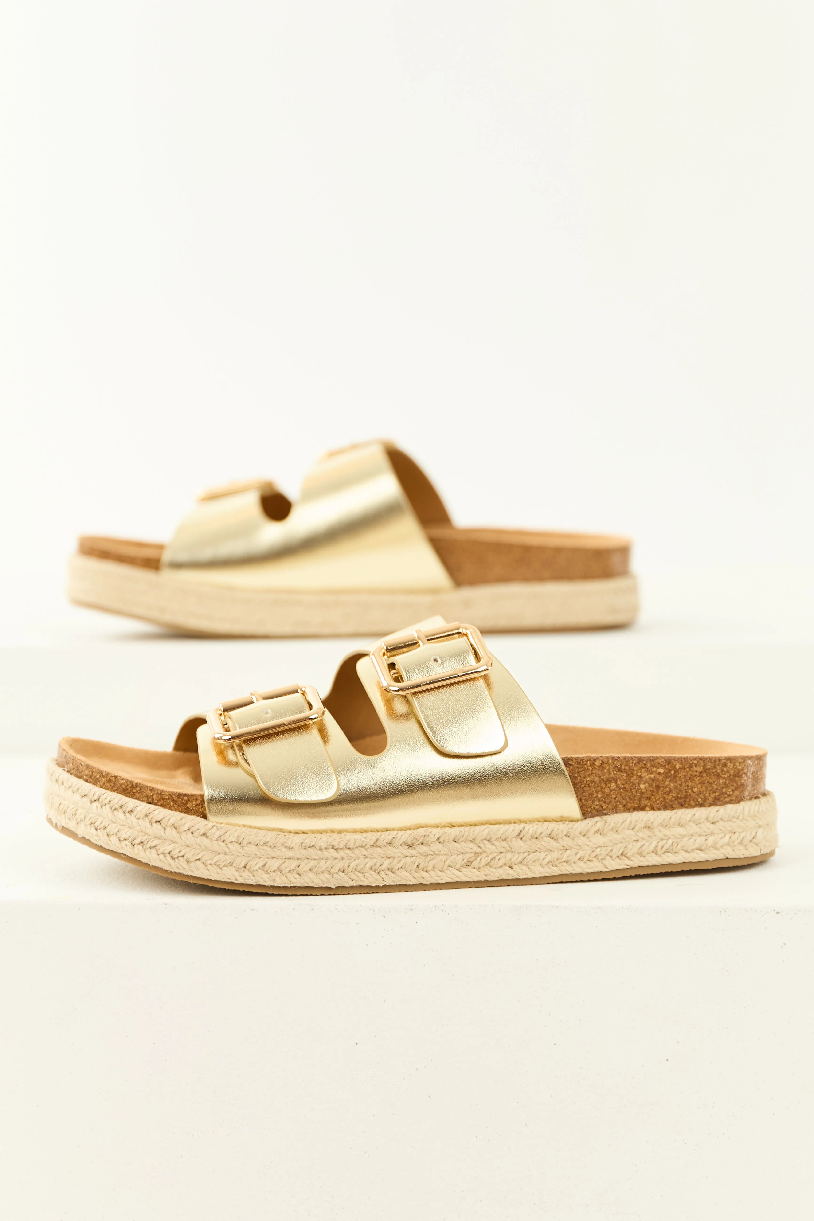 Gold Espadrille Platform Twin Buckle Sandals