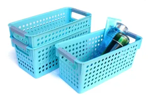Honla Slim Plastic Storage Baskets Bins Organizer with Gray Handles,Set of 3,Blue