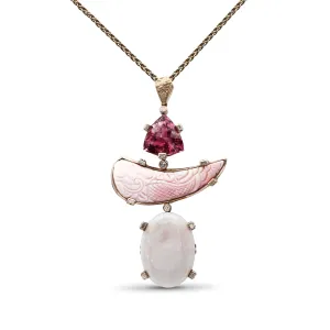 Luxury Pink Tourmaline 11.8ct Hand Carved Pink Opal 31.8ct Ethiopian Opal 25ct and Diamond 0.35ct Pendant in 18K Gold