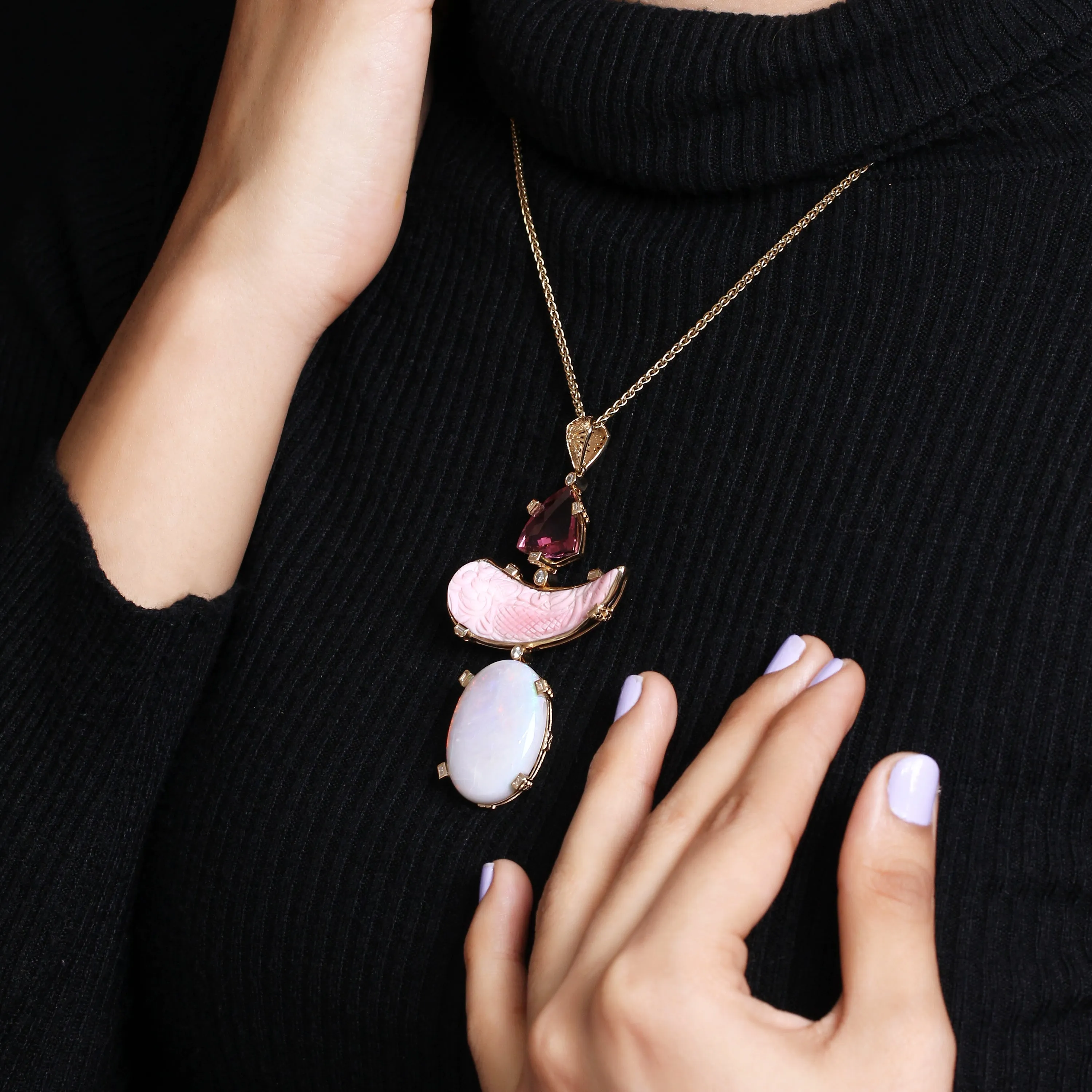 Luxury Pink Tourmaline 11.8ct Hand Carved Pink Opal 31.8ct Ethiopian Opal 25ct and Diamond 0.35ct Pendant in 18K Gold