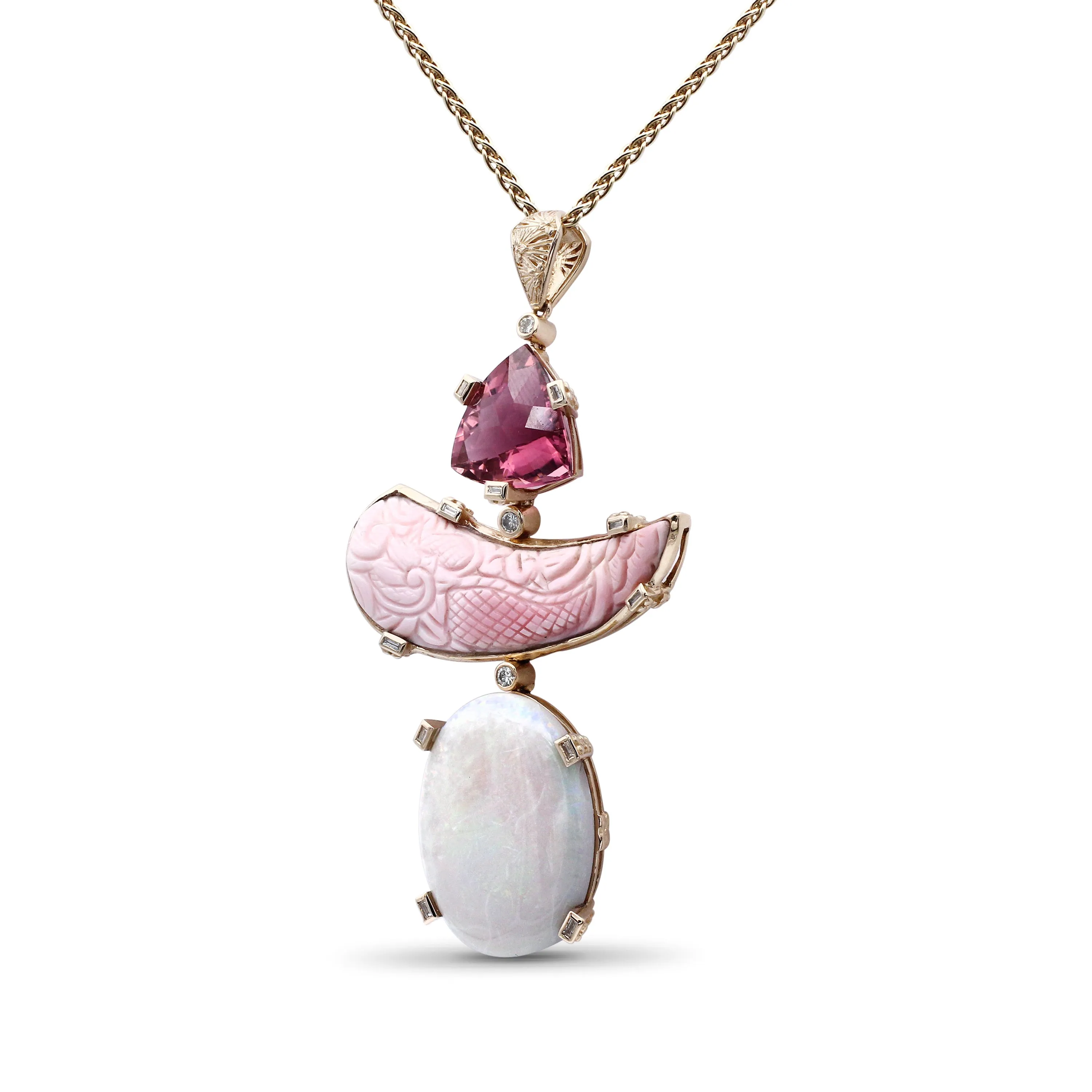 Luxury Pink Tourmaline 11.8ct Hand Carved Pink Opal 31.8ct Ethiopian Opal 25ct and Diamond 0.35ct Pendant in 18K Gold