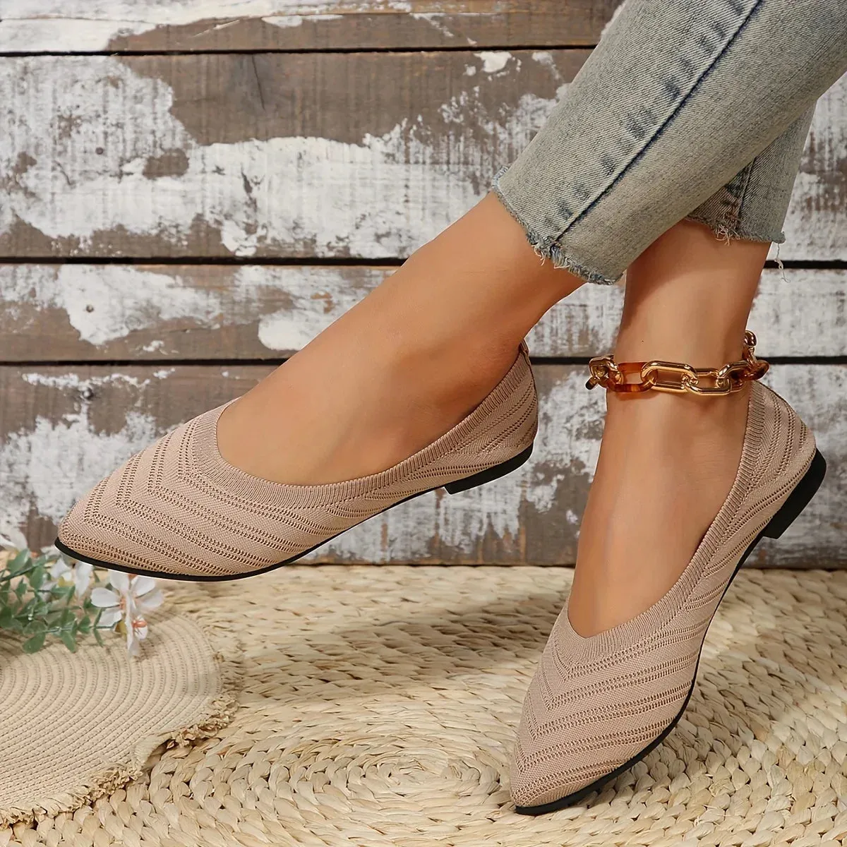 Pointed Toe Flat Shoes Women Solid Color Knitted Slip on Shoes Casual Breathable Ballet Flats Women Loafers Comfort Ladies Shoes