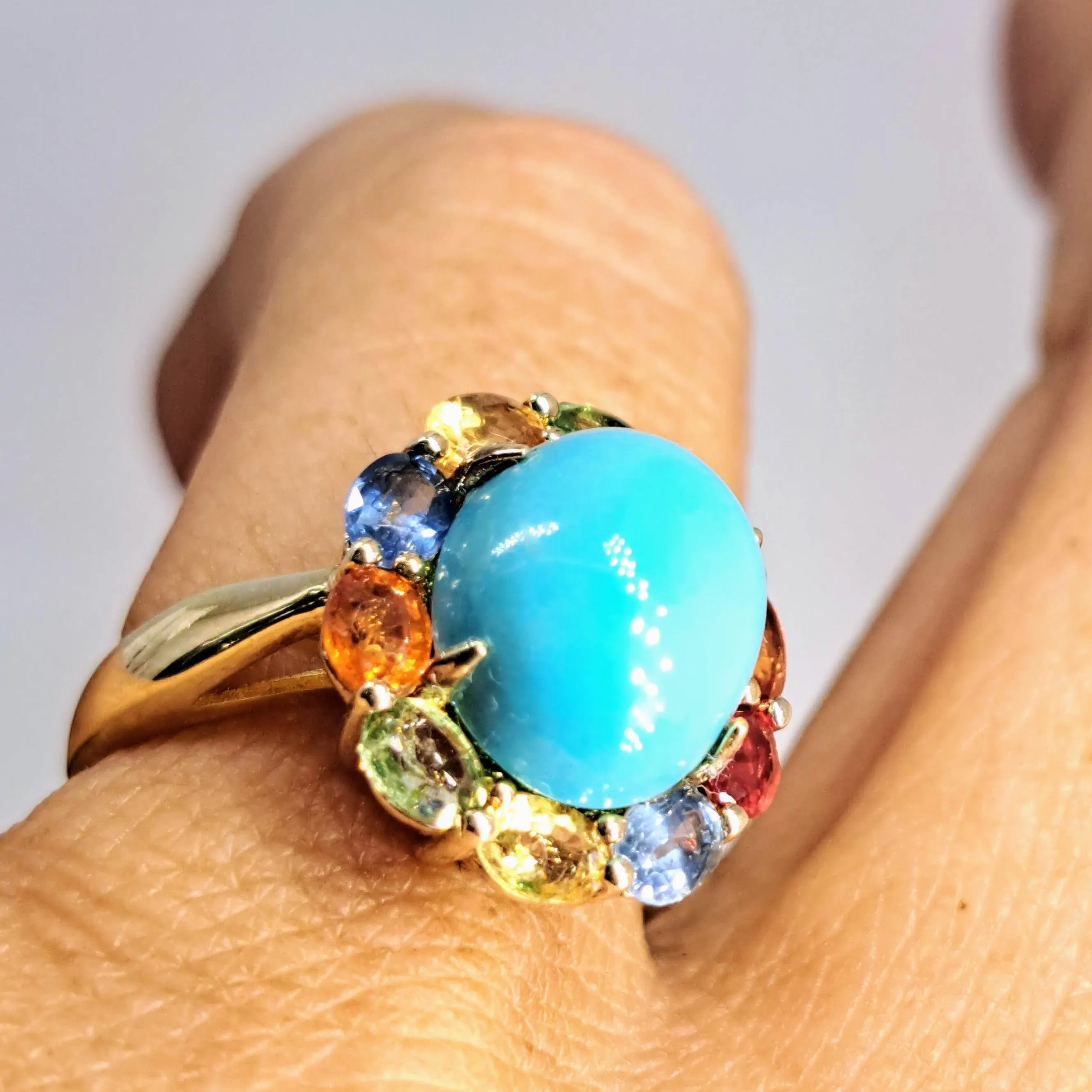 "Sleeping Beauty" Sz 7 Ring - Turquoise, Sapphire, 18k Gold Sterling
