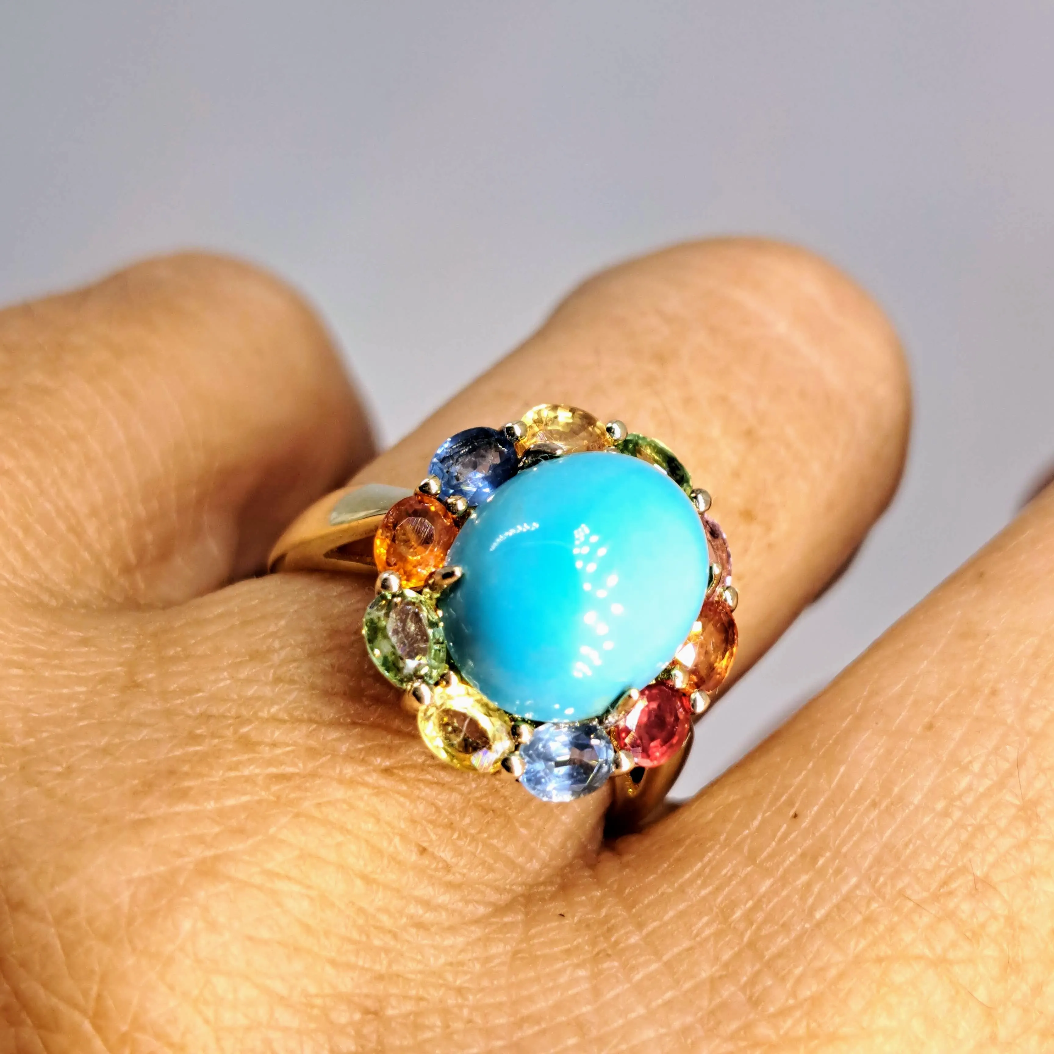 "Sleeping Beauty" Sz 7 Ring - Turquoise, Sapphire, 18k Gold Sterling