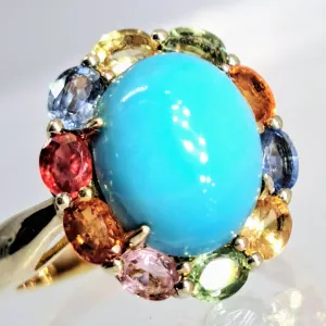 "Sleeping Beauty" Sz 7 Ring - Turquoise, Sapphire, 18k Gold Sterling