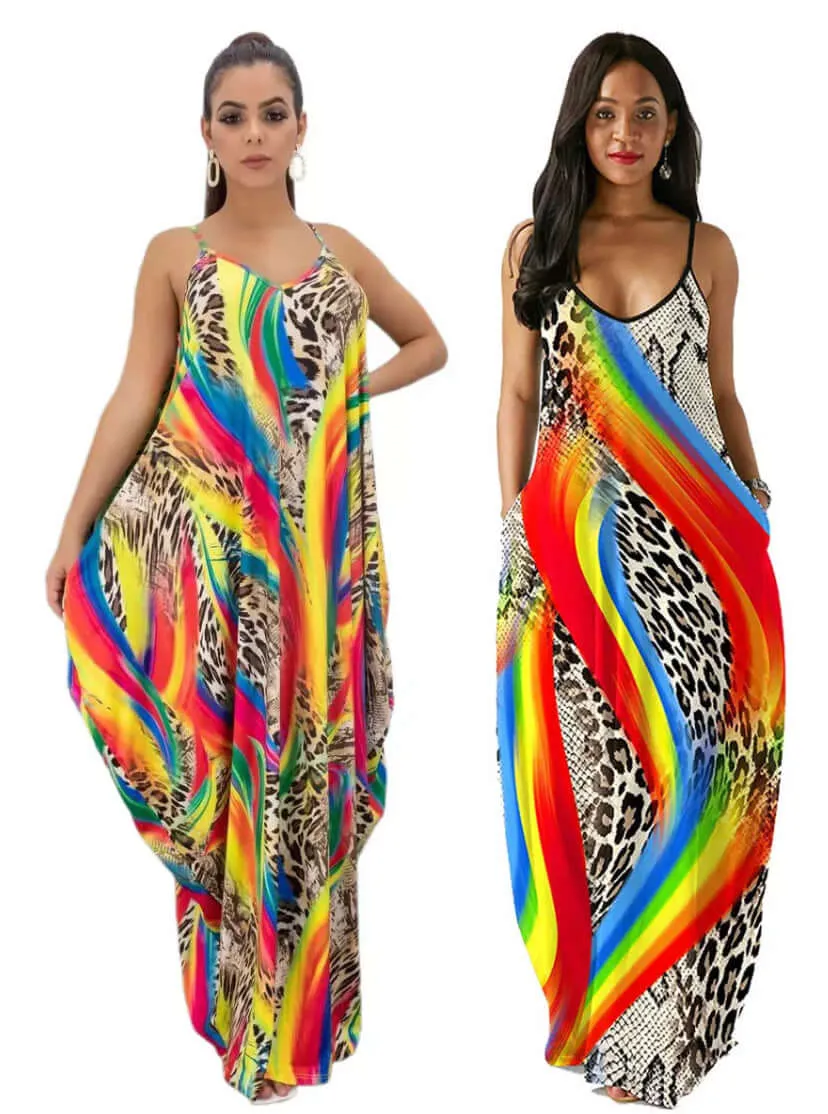 Rainbow Print Sleeveless Striped Floor Length Sundresses with Pockets