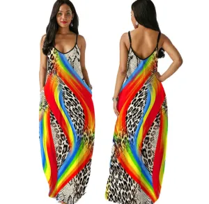 Rainbow Print Sleeveless Striped Floor Length Sundresses with Pockets