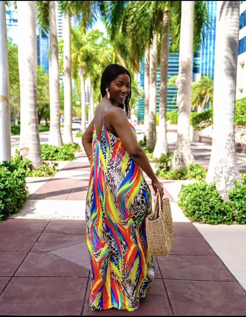 Rainbow Print Sleeveless Striped Floor Length Sundresses with Pockets