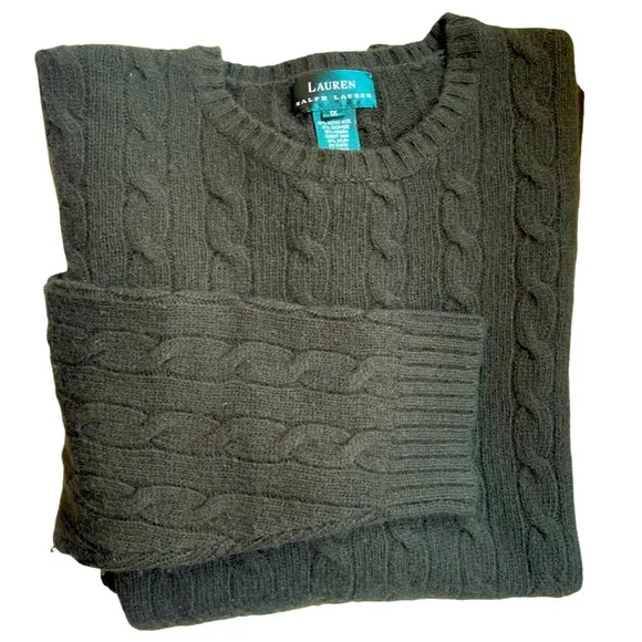 Ralph Lauren Cable Knit Crew Neck Sweater Womens 1X Olive Green Cashmere Angora