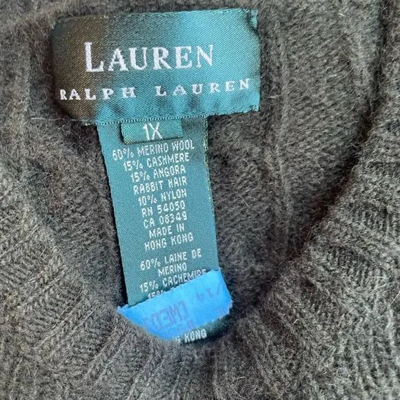 Ralph Lauren Cable Knit Crew Neck Sweater Womens 1X Olive Green Cashmere Angora