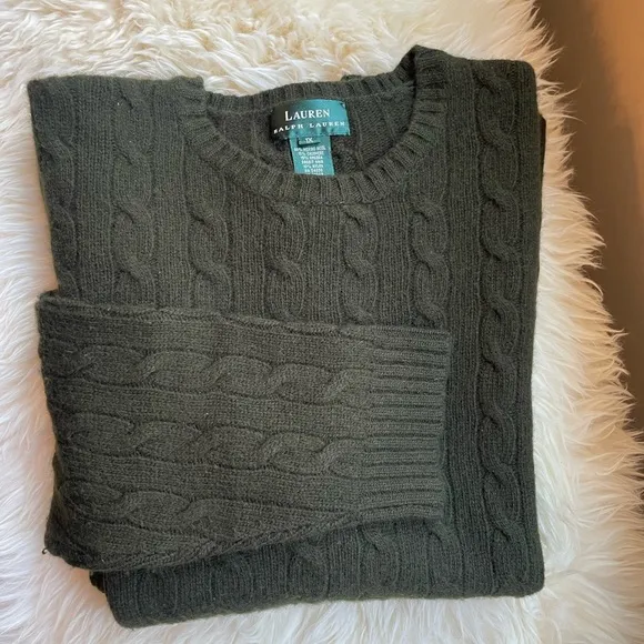Ralph Lauren Cable Knit Crew Neck Sweater Womens 1X Olive Green Cashmere Angora