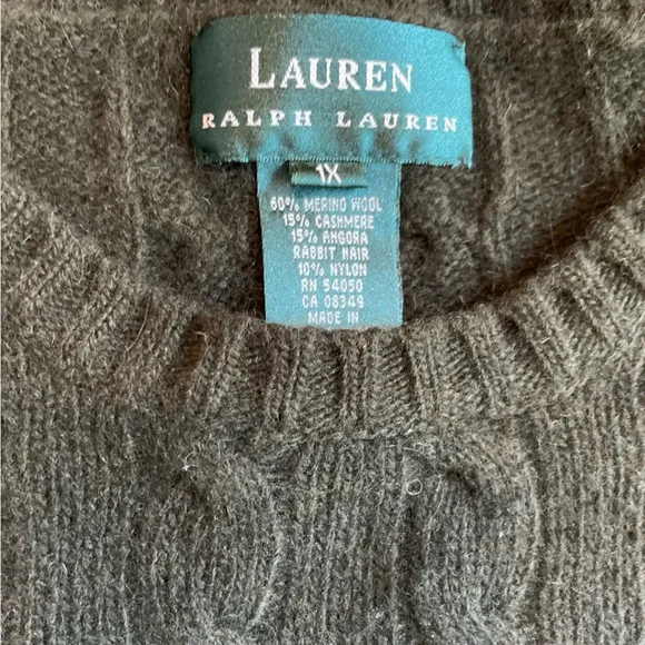 Ralph Lauren Cable Knit Crew Neck Sweater Womens 1X Olive Green Cashmere Angora