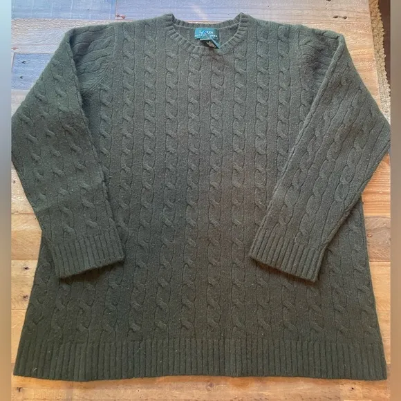 Ralph Lauren Cable Knit Crew Neck Sweater Womens 1X Olive Green Cashmere Angora