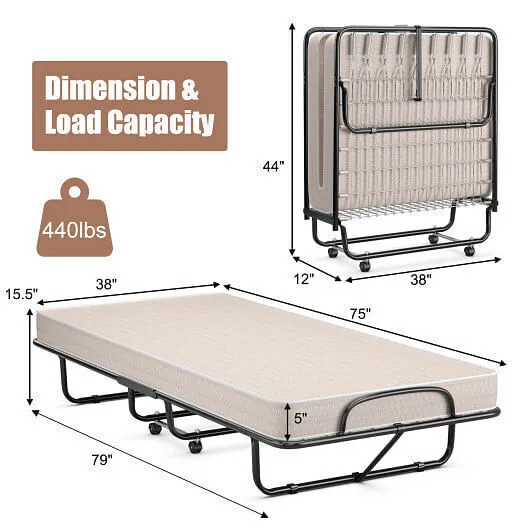 Rollaway Guest Bed with Sturdy Steel Frame and Memory Foam Mattress Made in Ital