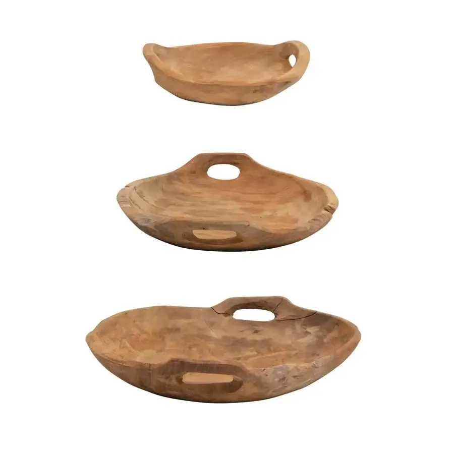 TEAK WOOD BOWLS WITH HANDLES, SET OF 3