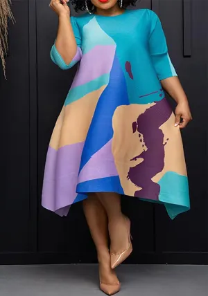 Vibrant Abstract Print Asymmetrical Cape Dress with Artistic Flair