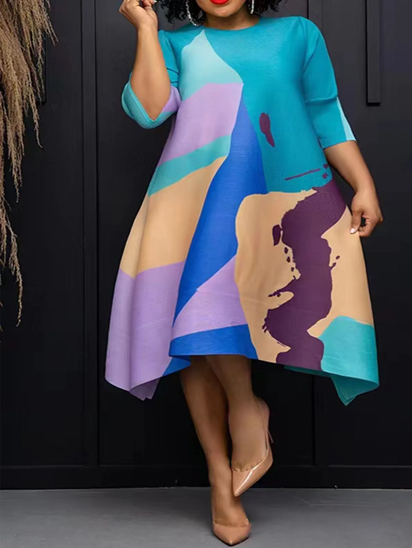 Vibrant Abstract Print Asymmetrical Cape Dress with Artistic Flair