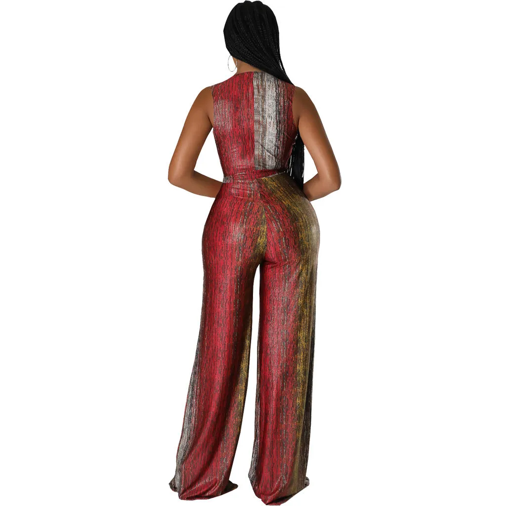 Vibrant Sleeveless V-Neck Wide-Leg Jumpsuit with Tie Waist
