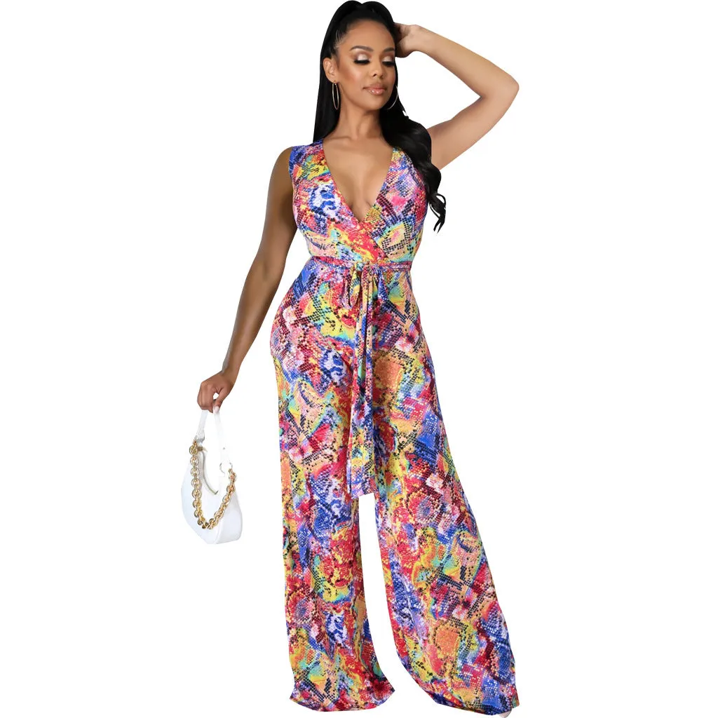 Vibrant Sleeveless V-Neck Wide-Leg Jumpsuit with Tie Waist