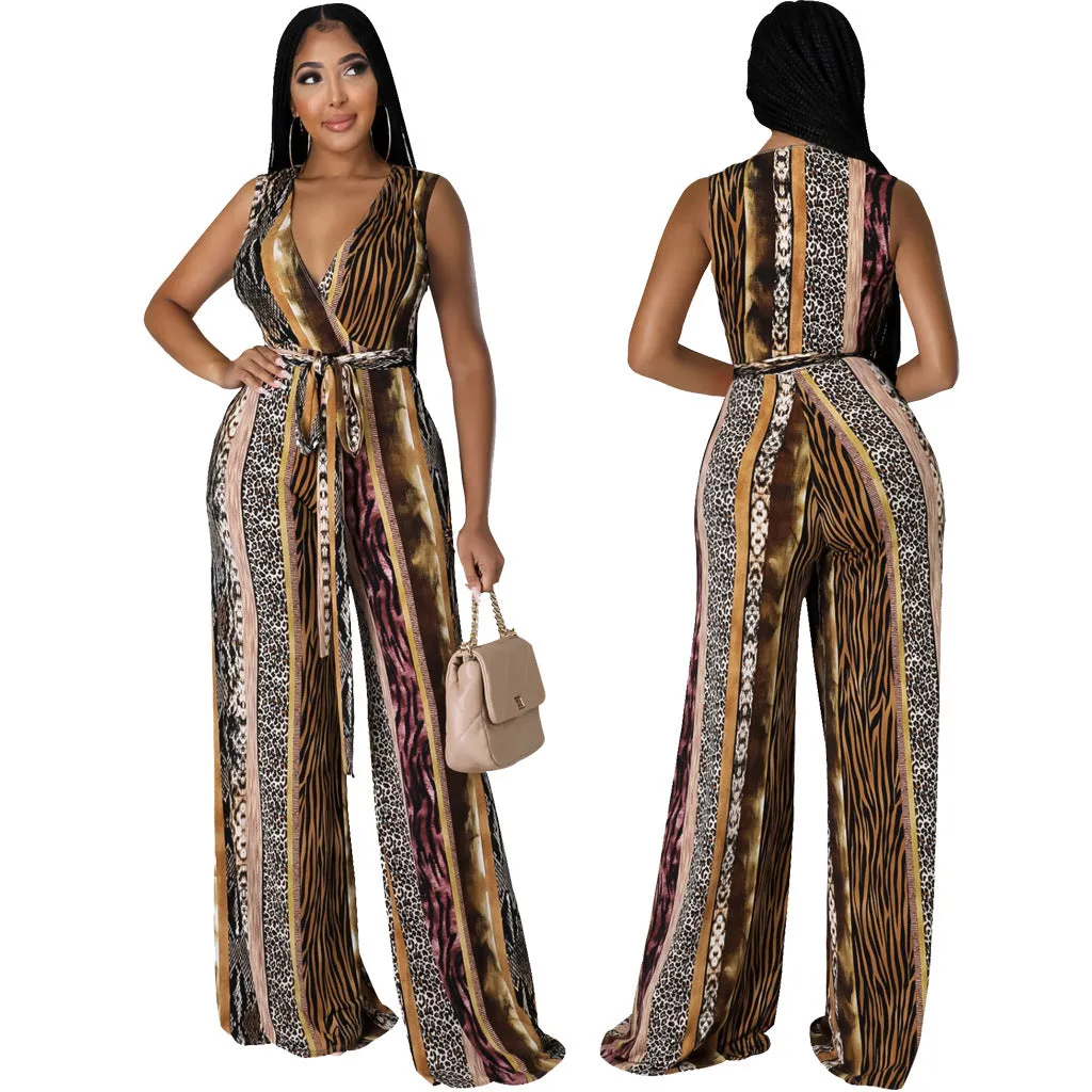Vibrant Sleeveless V-Neck Wide-Leg Jumpsuit with Tie Waist