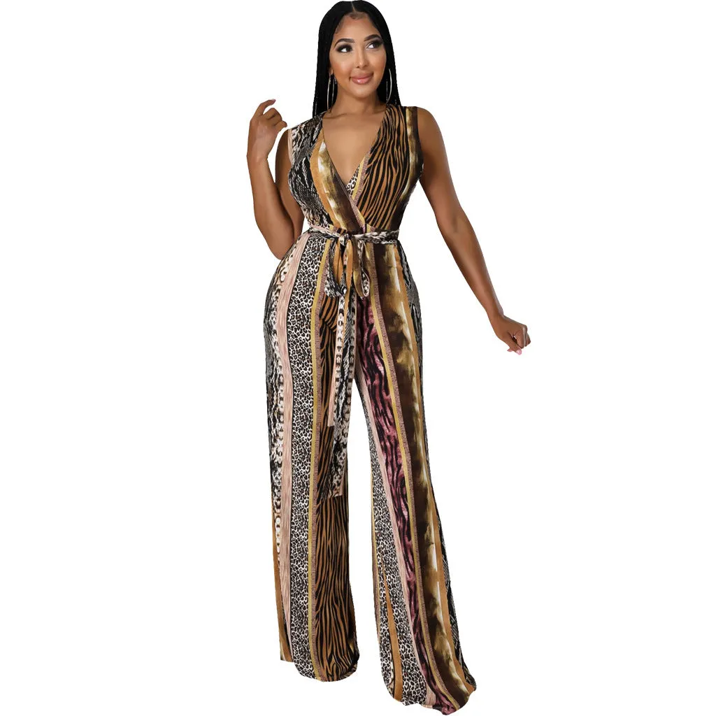 Vibrant Sleeveless V-Neck Wide-Leg Jumpsuit with Tie Waist
