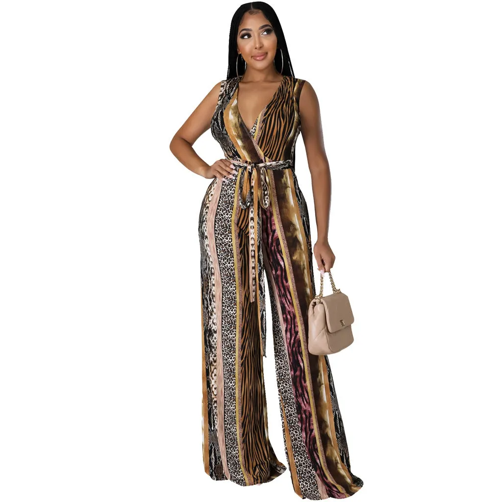 Vibrant Sleeveless V-Neck Wide-Leg Jumpsuit with Tie Waist