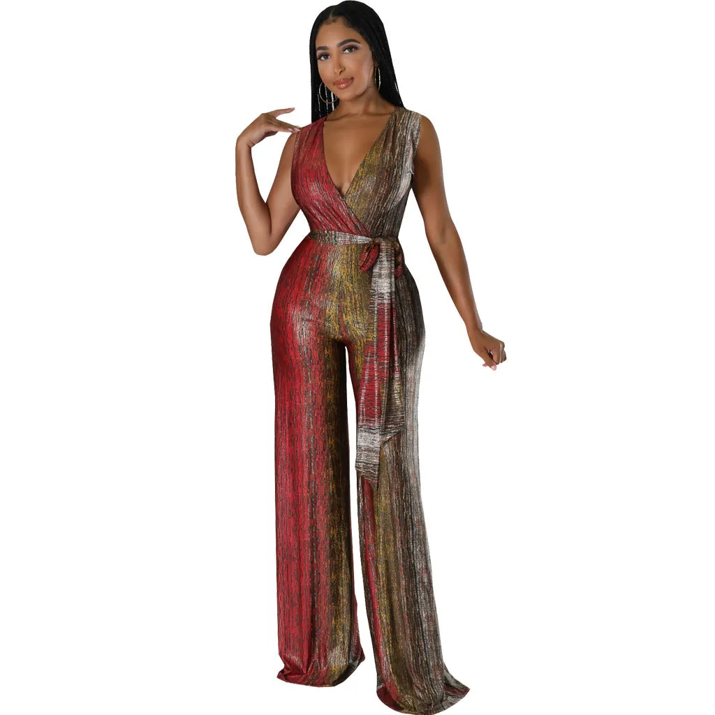 Vibrant Sleeveless V-Neck Wide-Leg Jumpsuit with Tie Waist