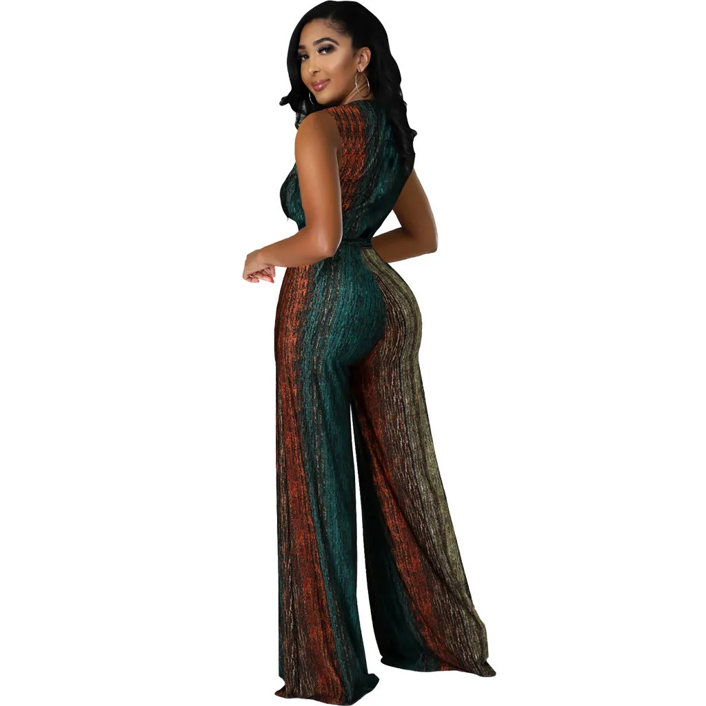 Vibrant Sleeveless V-Neck Wide-Leg Jumpsuit with Tie Waist