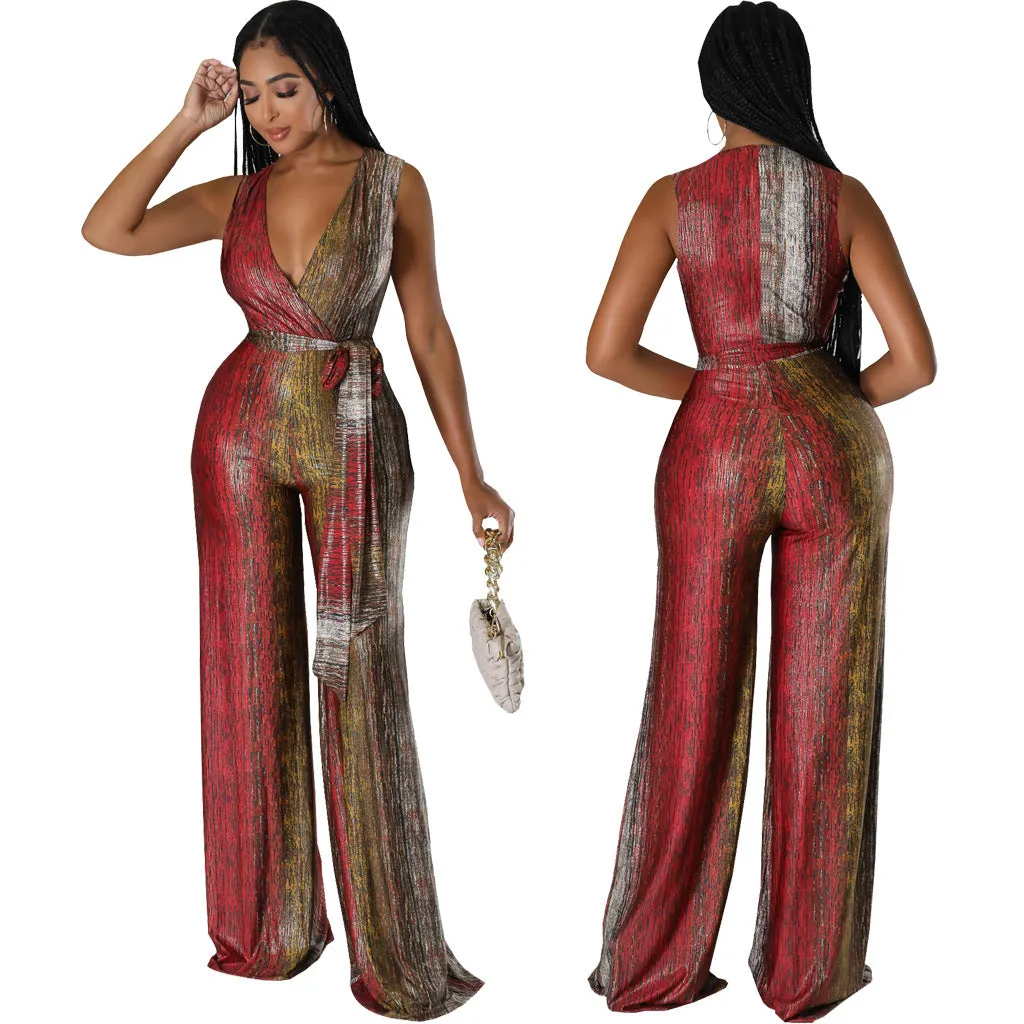 Vibrant Sleeveless V-Neck Wide-Leg Jumpsuit with Tie Waist