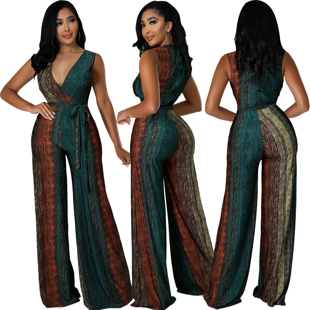 Vibrant Sleeveless V-Neck Wide-Leg Jumpsuit with Tie Waist