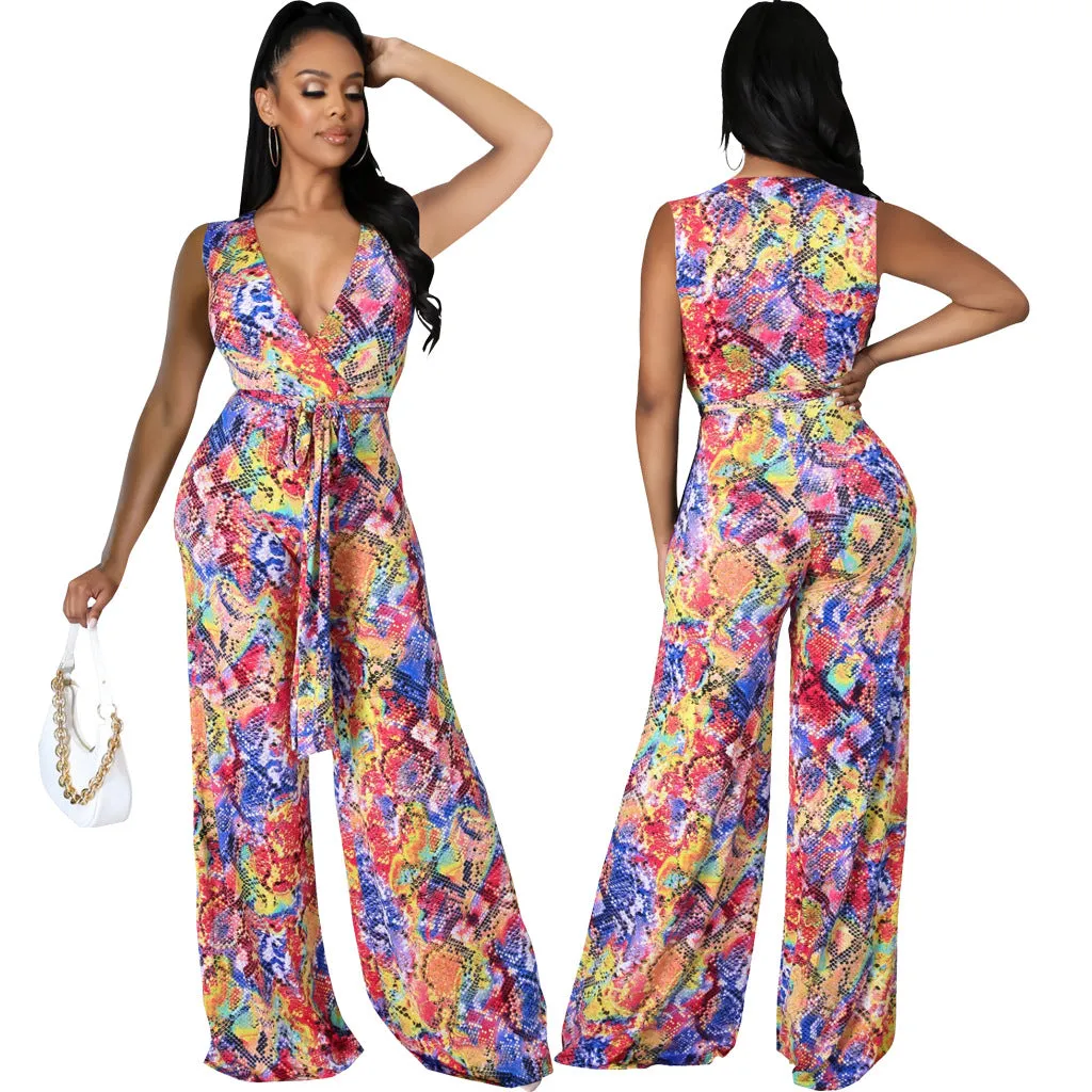 Vibrant Sleeveless V-Neck Wide-Leg Jumpsuit with Tie Waist