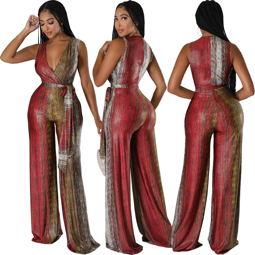 Vibrant Sleeveless V-Neck Wide-Leg Jumpsuit with Tie Waist