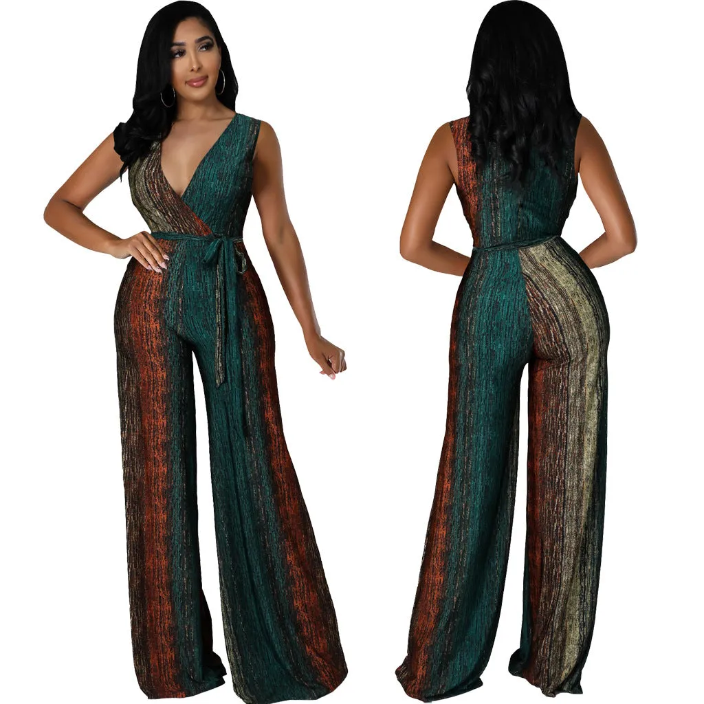 Vibrant Sleeveless V-Neck Wide-Leg Jumpsuit with Tie Waist
