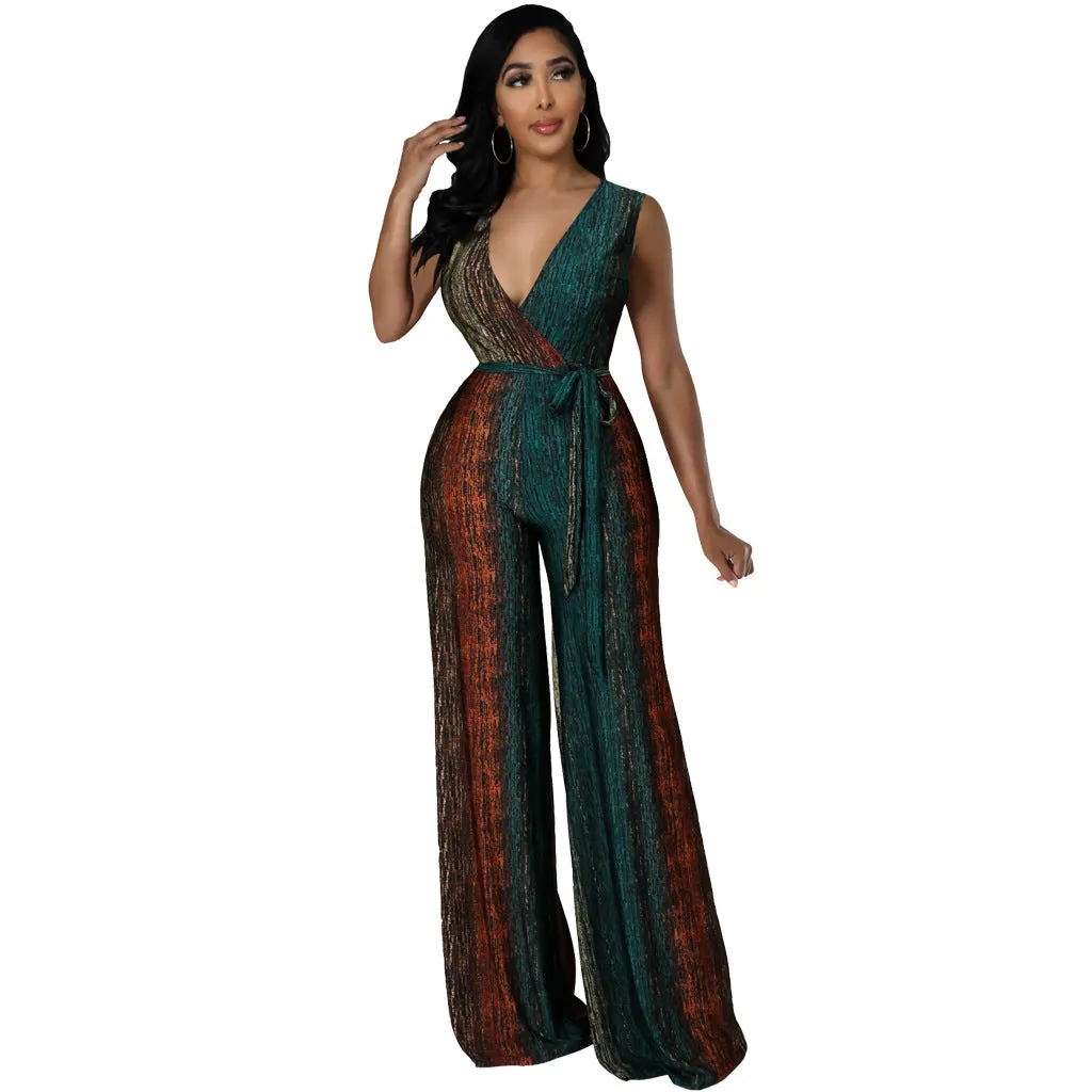 Vibrant Sleeveless V-Neck Wide-Leg Jumpsuit with Tie Waist