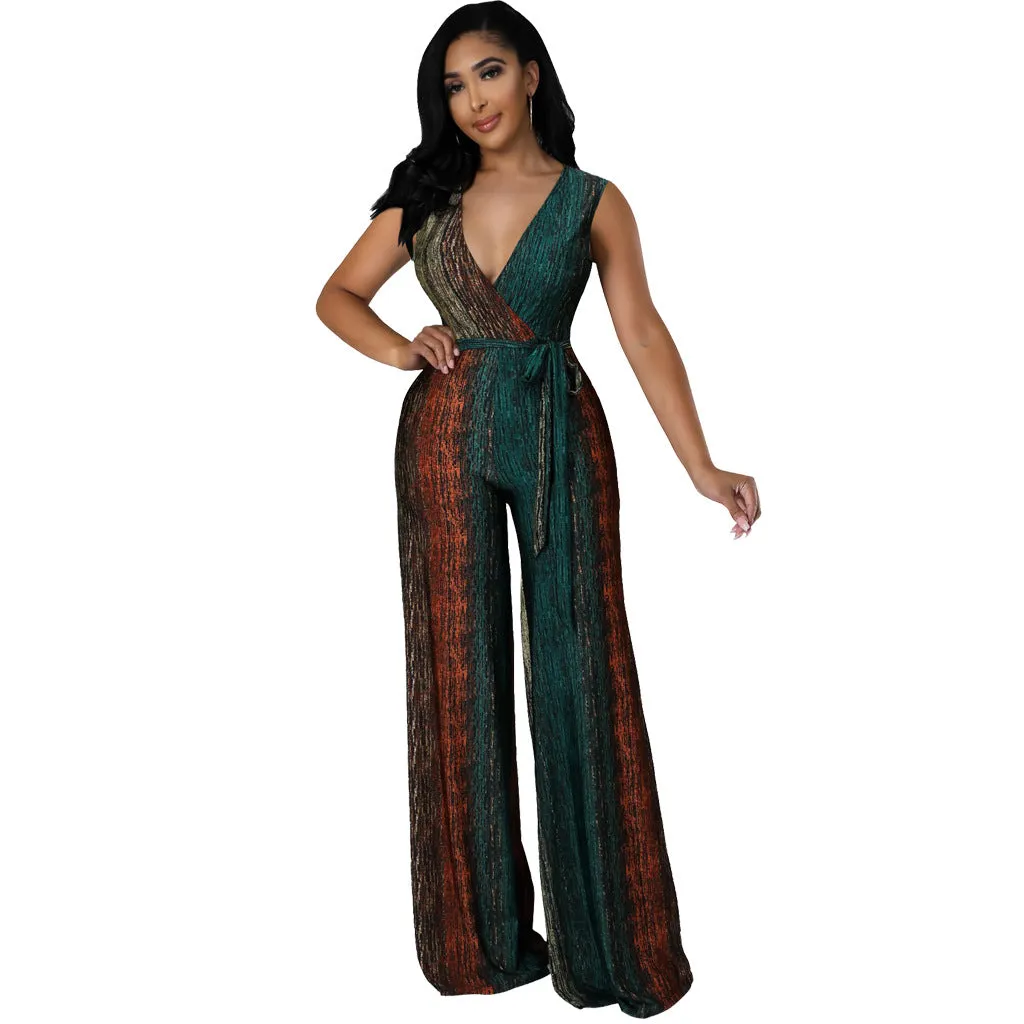 Vibrant Sleeveless V-Neck Wide-Leg Jumpsuit with Tie Waist